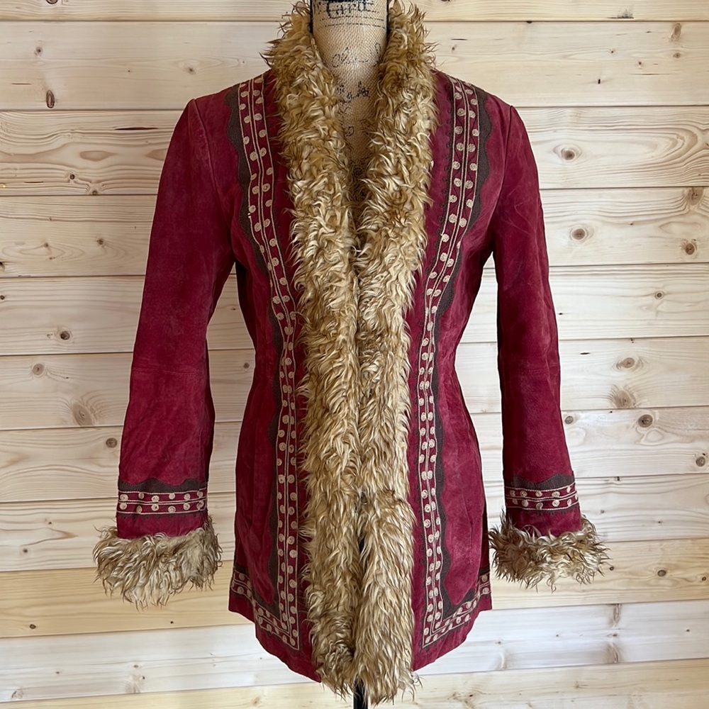 Mixit Red Suede Coat with Tan Fur Trim